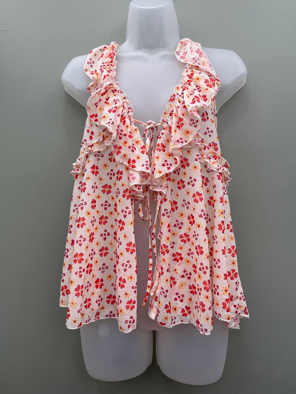 Free People Fearless Floral Tank Small Ruffle Double Tie Front Ivory Boho